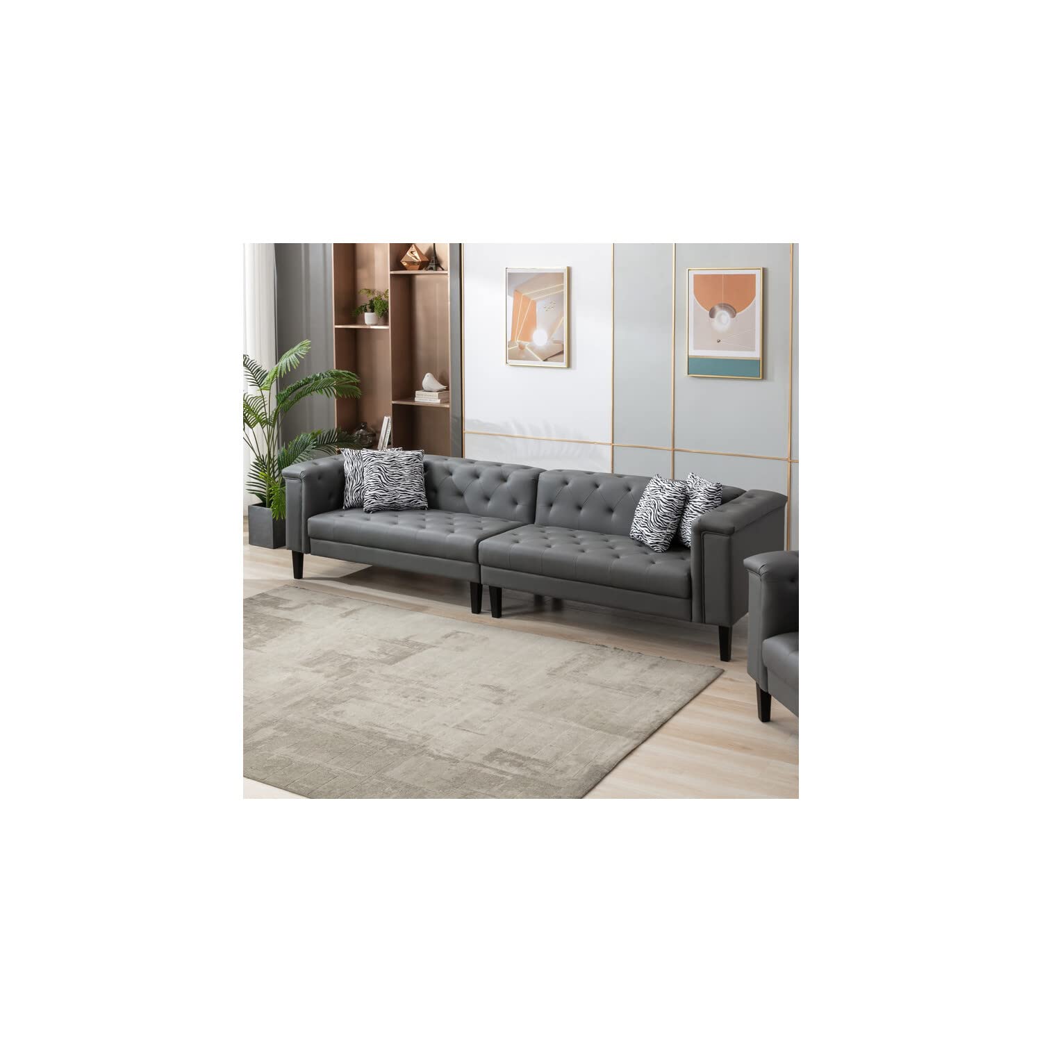 Lilola Home Sarah Gray Vegan Leather Tufted Sofa with 4 Accent Pillows